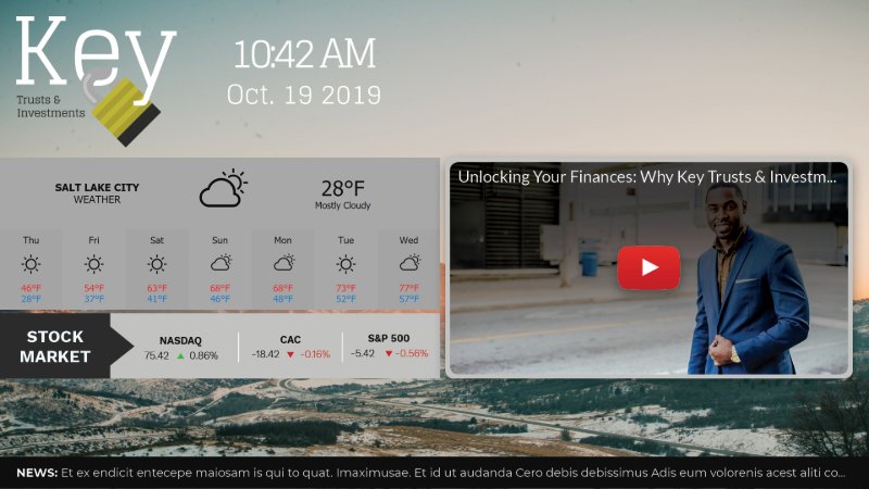 Bank template, with weather and YouTube video as main content on the screen. The time and date is also displayed with the bank logo and a background image