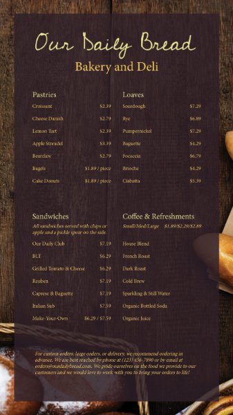 Bakery digital menu board example