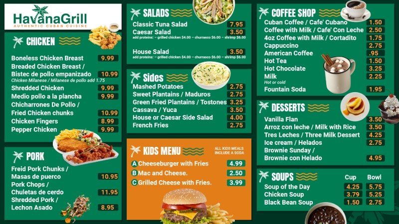 Havana Grill digital menu board example