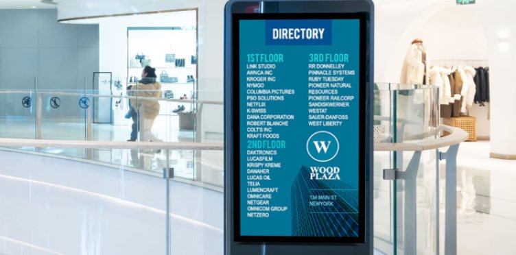 Digital Building directory on a pedestal kiosk